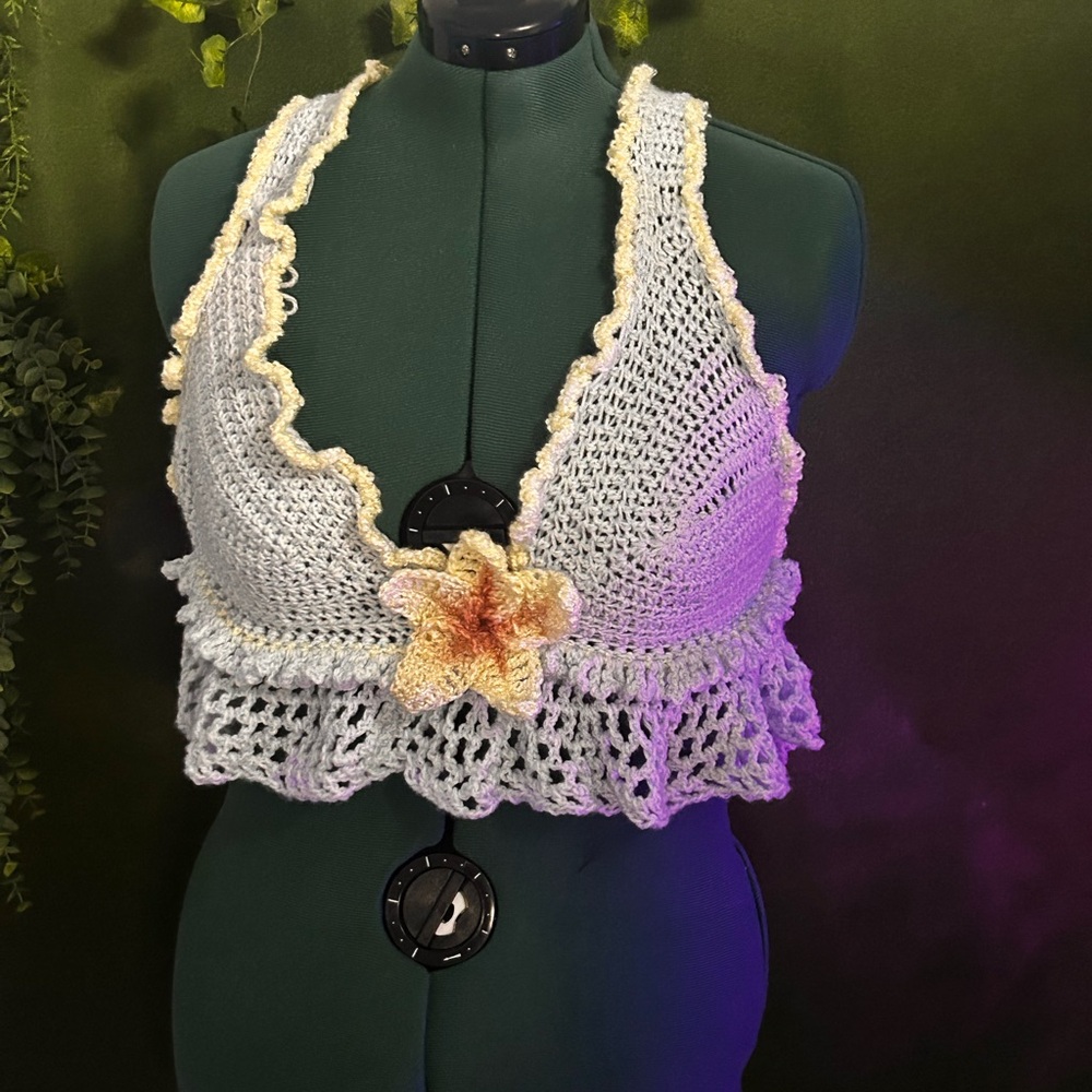 Handmade Crochet Halter Top - White and Cream